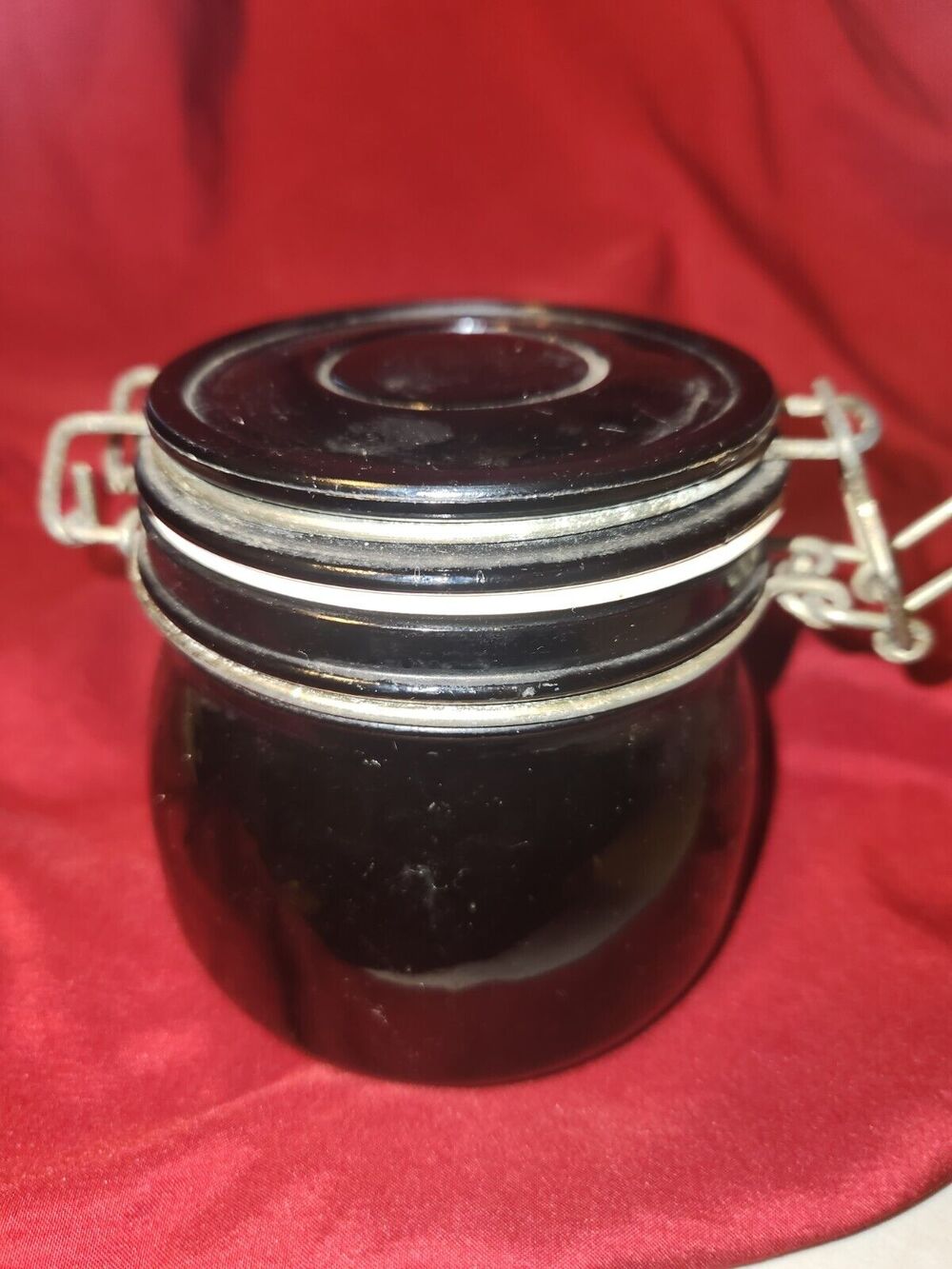 Vintage Anchor Hocking Black Ceramic Latch lid Canister, Crock